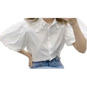 ZARA white poplin Blouse with Embroidered Collar Faux Pearls & Puff Sleeves Sz S